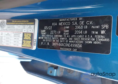 2022 Kia Forte Gt z USA, uszkodzony, nr VIN 3KPF44AC0NE499654